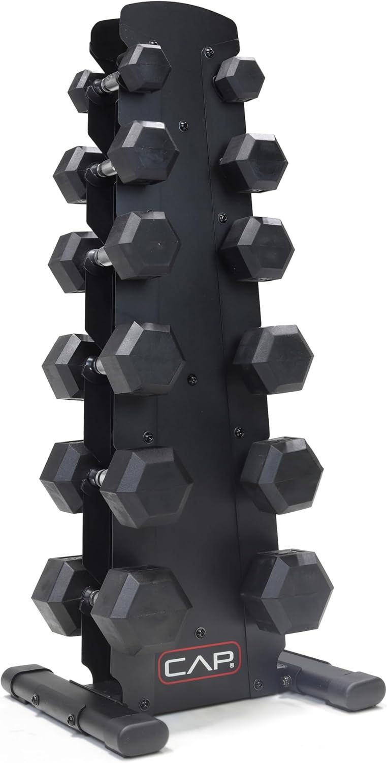 Displays the core product, a vertical dumbbell rack with multiple pairs of hex dumbbells organized in a space-saving tower design, showing shoppers exactly what they will receive.