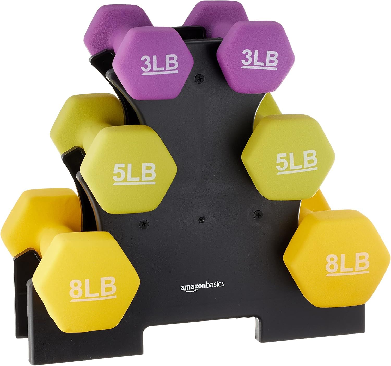 Shows the complete dumbbell set with multiple weight options (3LB, 5LB, 8LB) and the included storage rack, communicating the variety and organization of the product to help shoppers understand what…