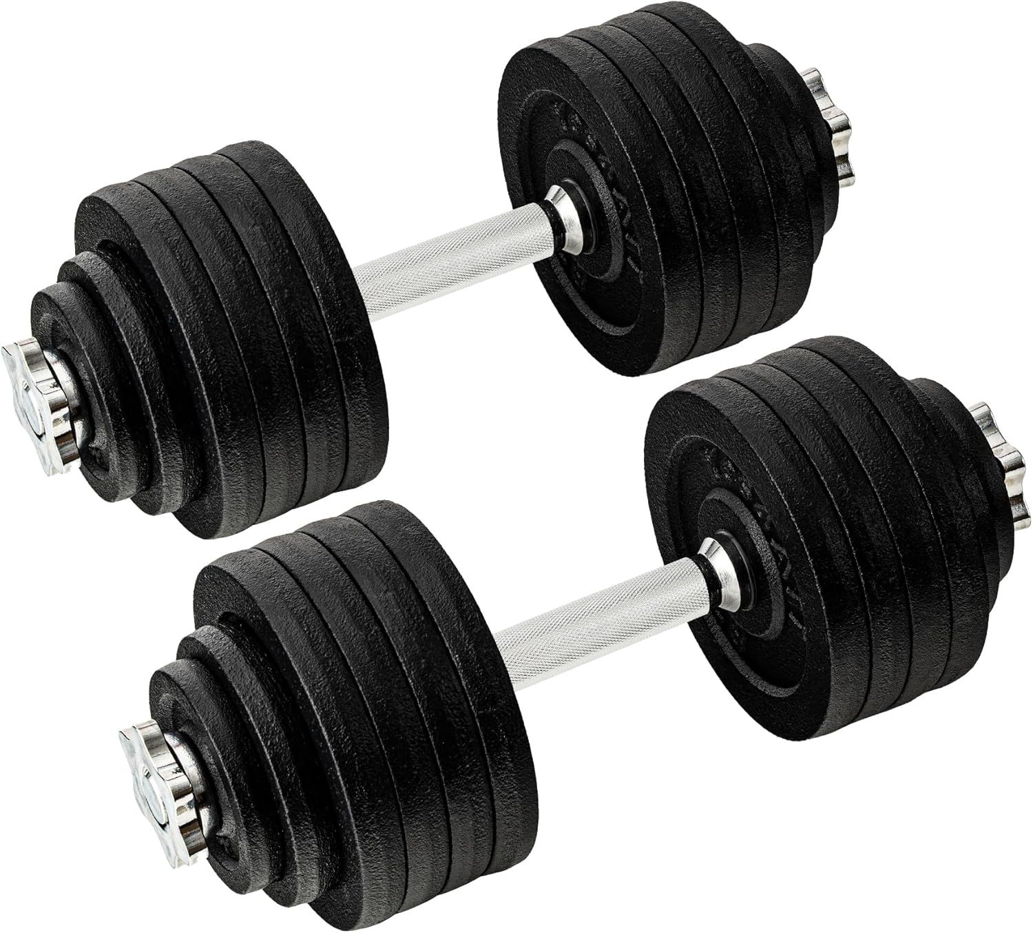 Displays the core product, a pair of adjustable dumbbells with multiple weight plates, clearly showing what the buyer will receive in a clean catalog-style presentation.