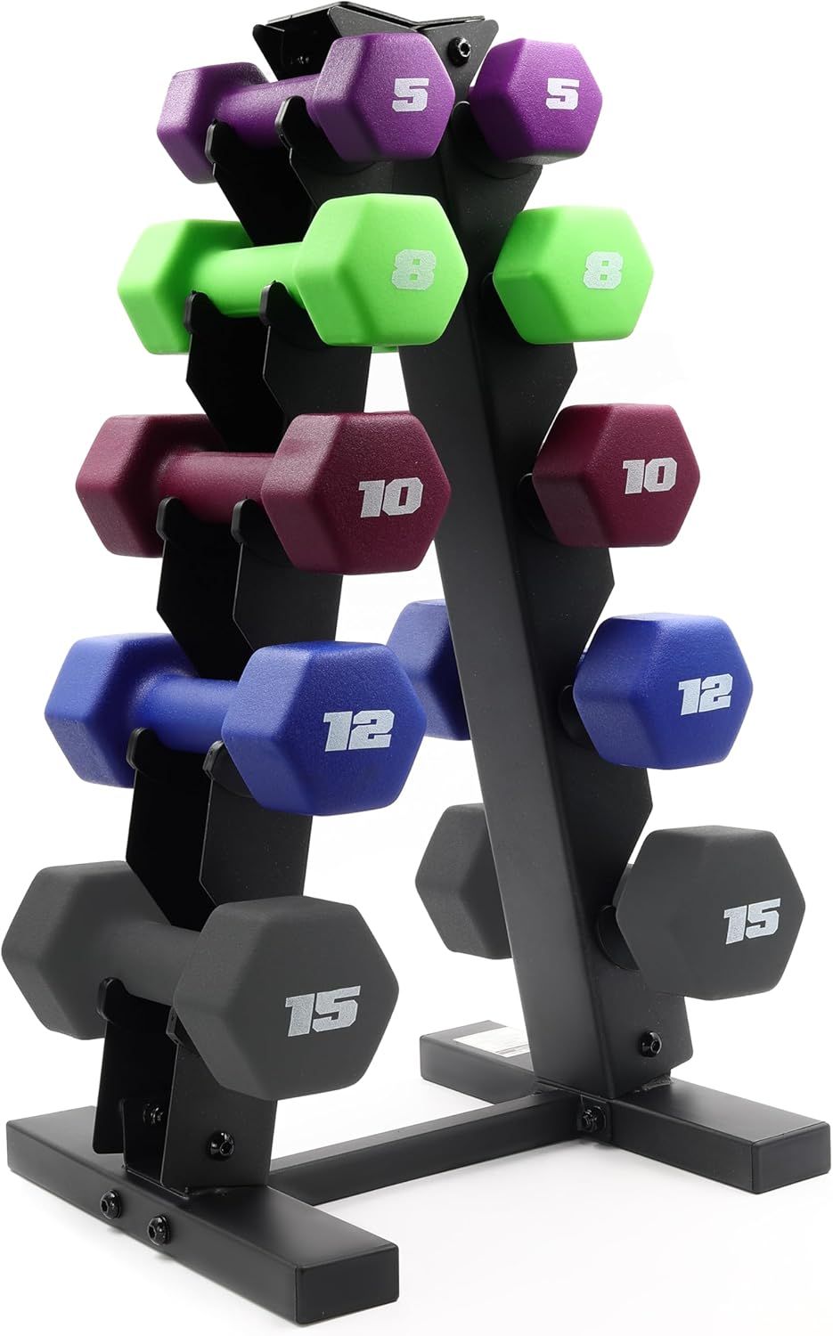 Shows the complete dumbbell set with multiple weight options (5, 8, 10, 12, 15 lbs) organized on a storage rack, communicating the variety and organization solution included with the product.…