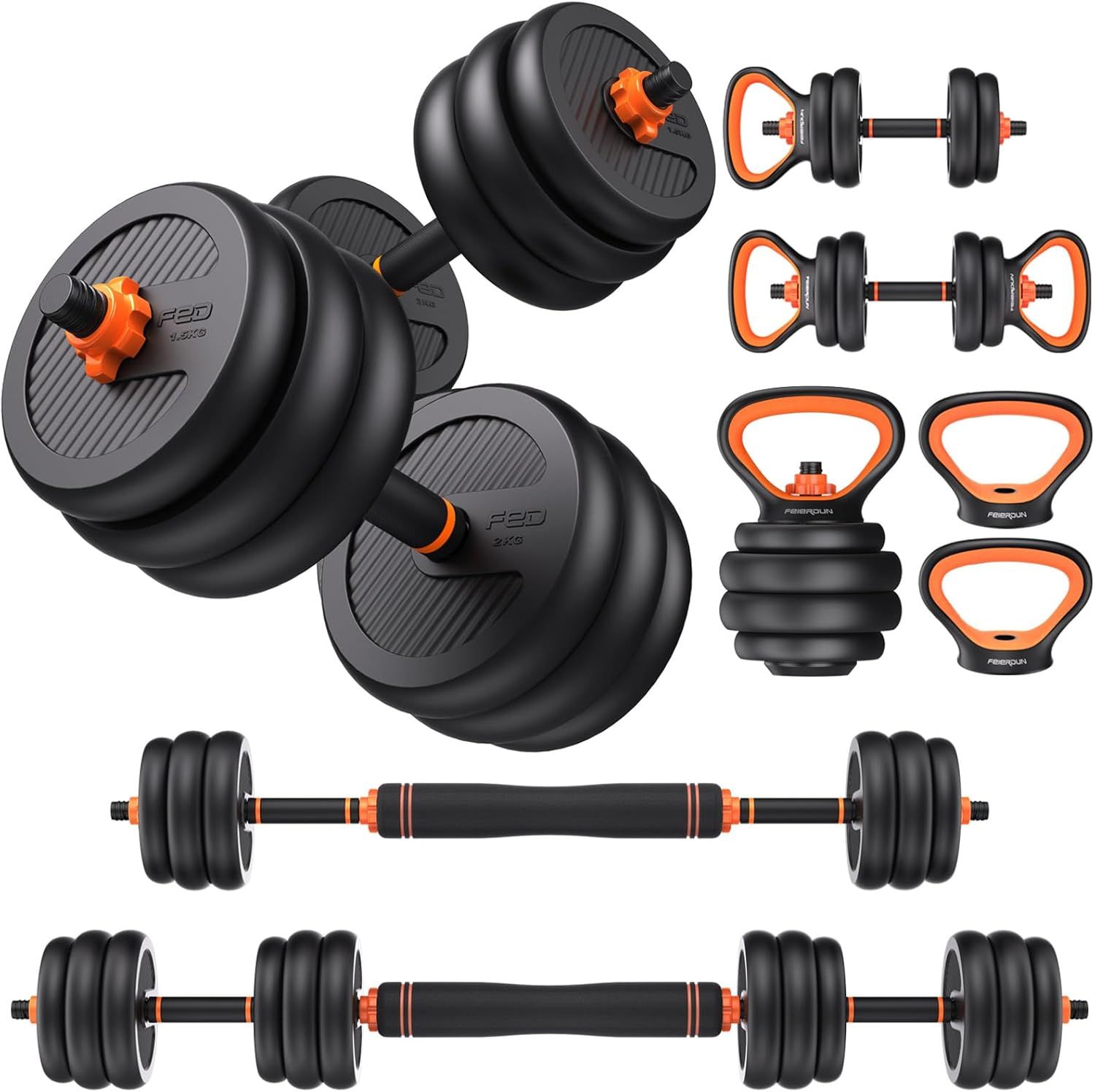 Displays the complete adjustable dumbbell and barbell weight set with all included components to show the shopper the full product offering and versatility of configurations available. Shows all the…
