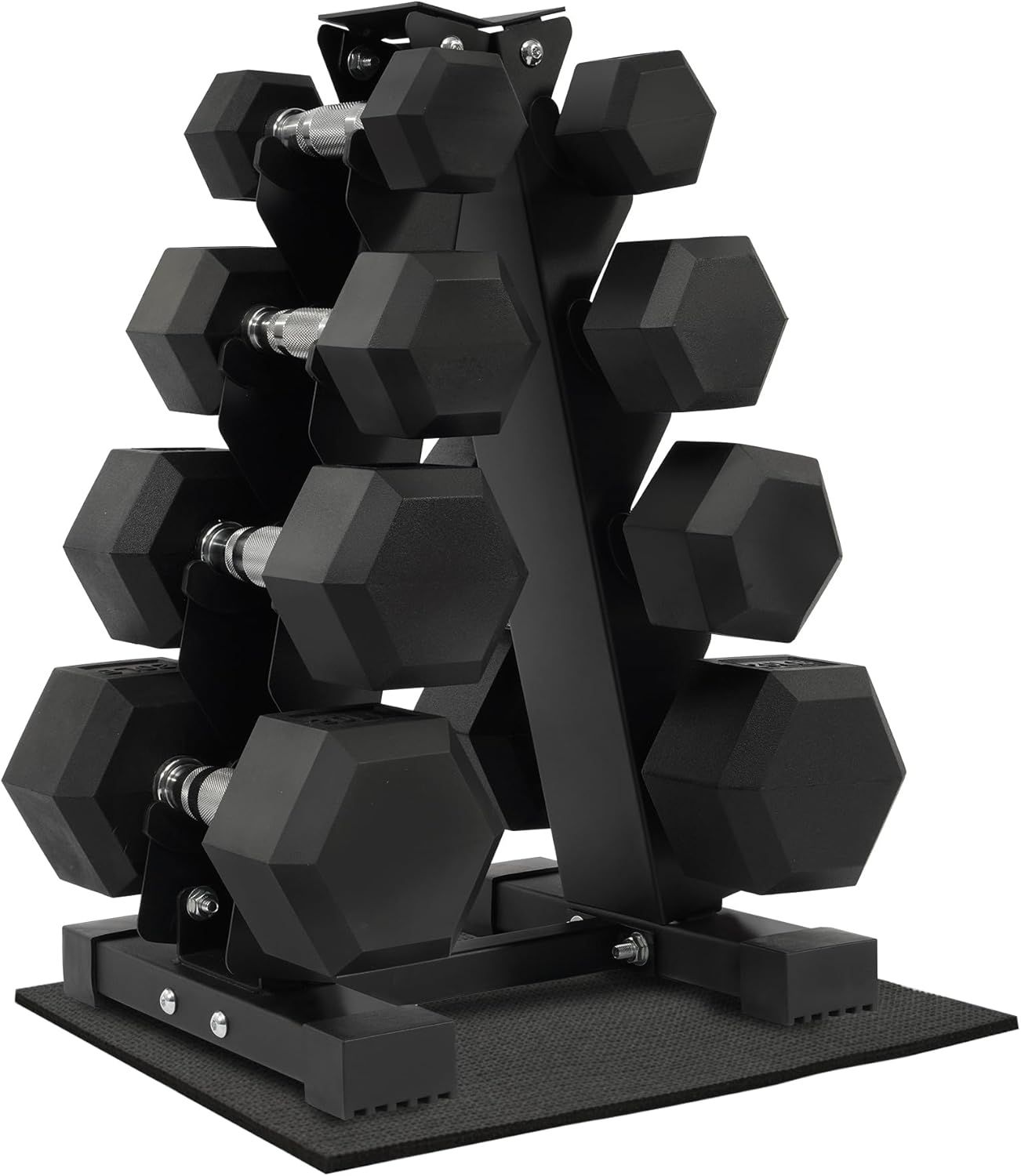 Displays the complete dumbbell set with vertical storage rack to show shoppers exactly what they will receive, emphasizing the organized storage solution and multiple weight options included.…