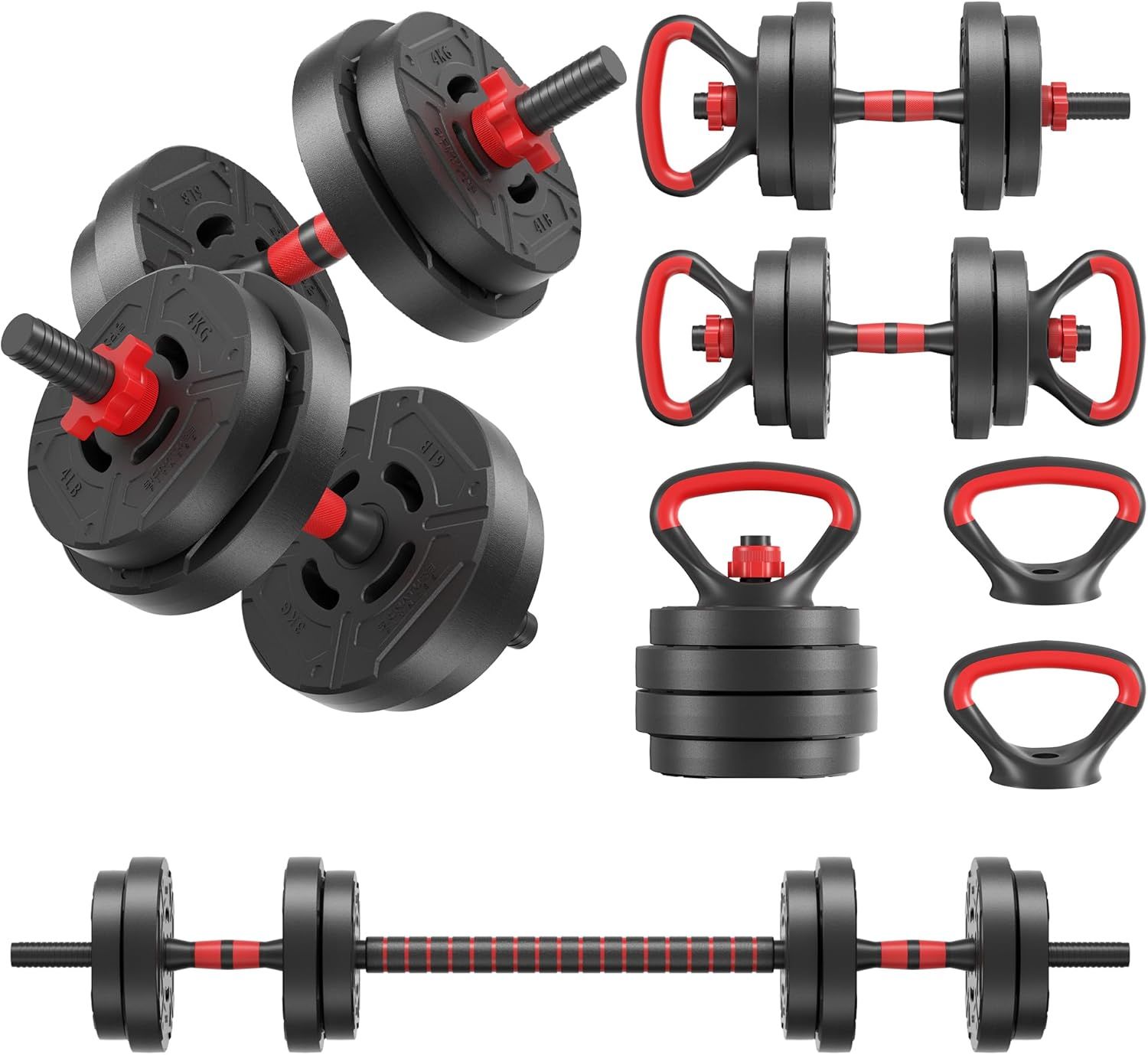 Displays the complete dumbbell set and all its components to show shoppers exactly what they will receive, including dumbbells, barbell, kettlebell attachments, and weight plates. Demonstrates the…