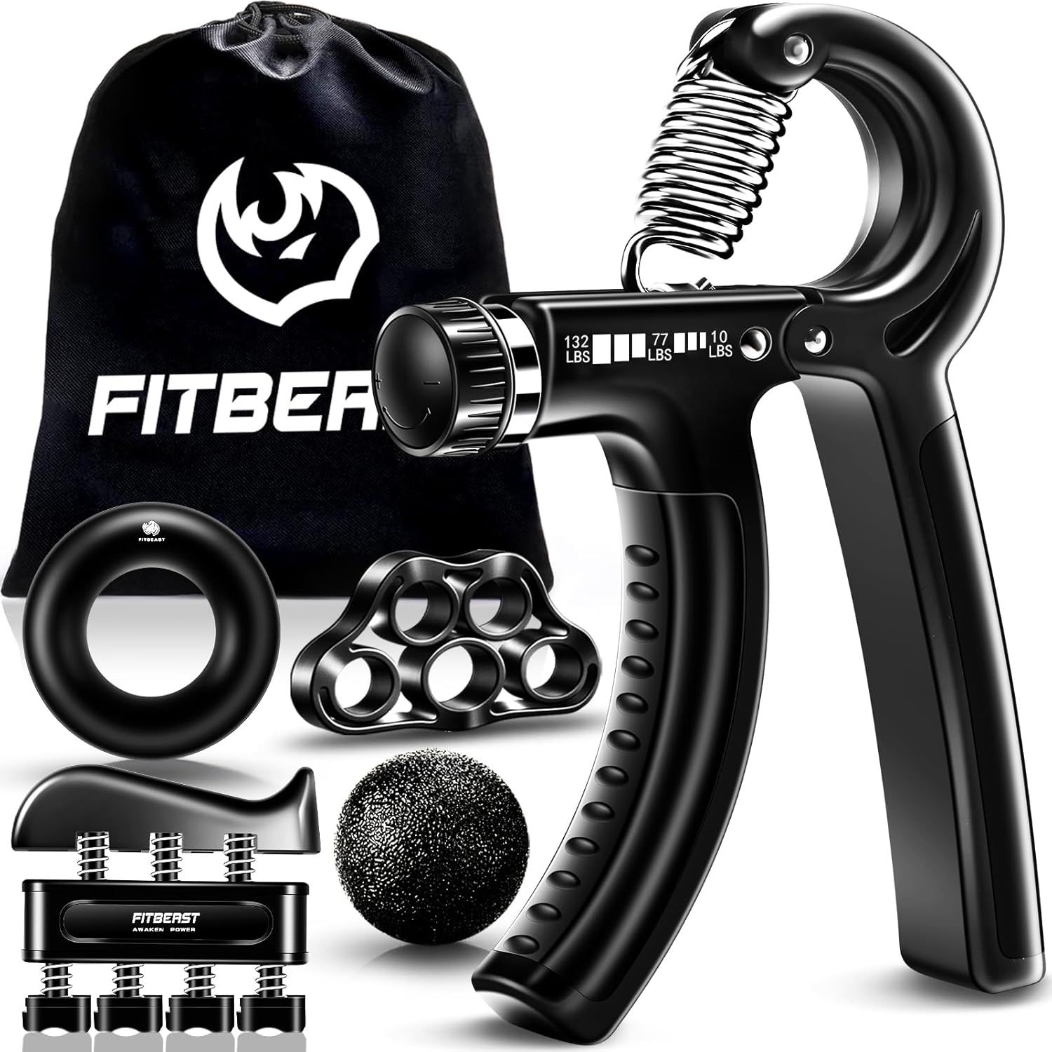 Displays the complete hand grip strengthener kit with all included training accessories to show shoppers the full value and variety of equipment they will receive. Showcases all the bonus…