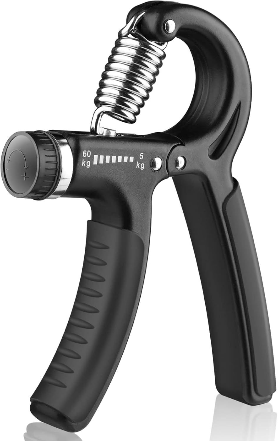 Displays the core product clearly on a white background, showing the hand gripper's design, adjustable resistance dial (5-60 kg), spring mechanism, and ergonomic grip handles to help shoppers…