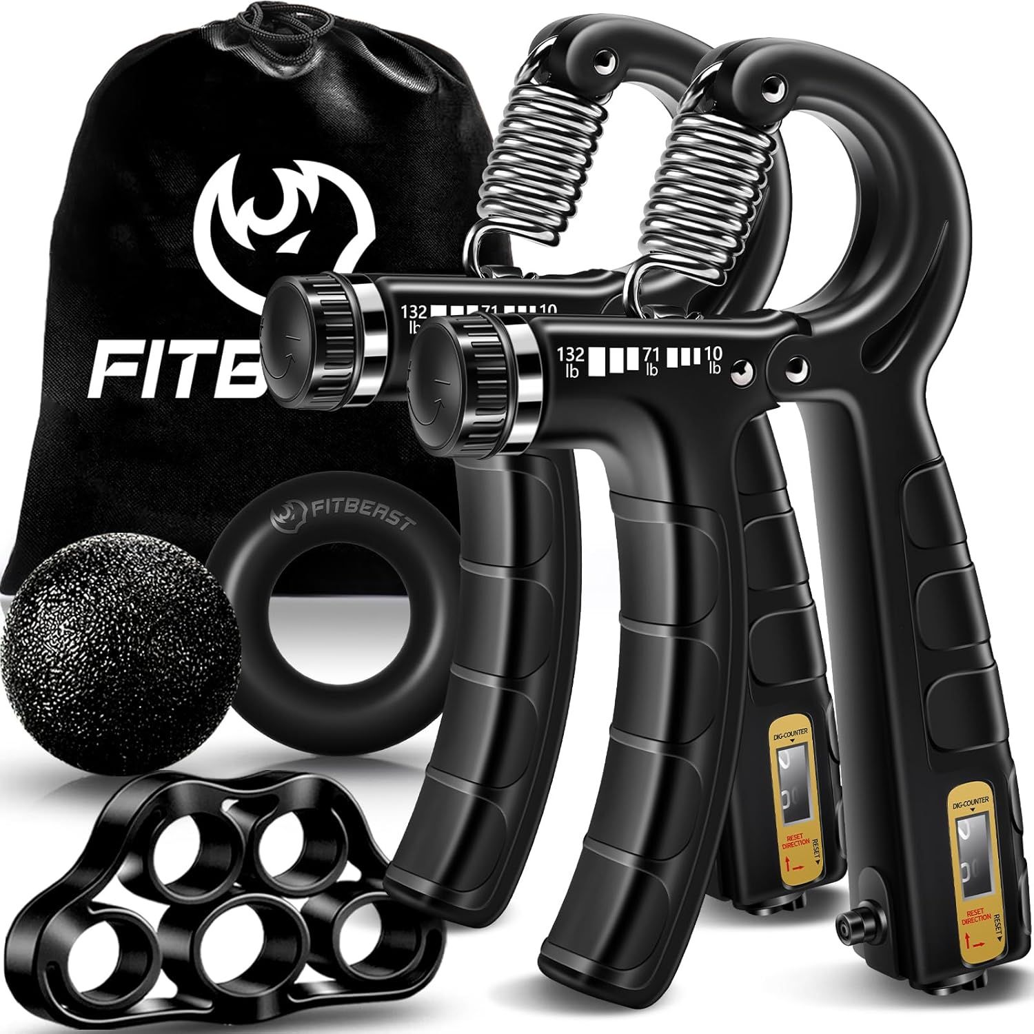 Displays the complete hand grip strengthener kit with all included training accessories to show shoppers the full value and variety of equipment they will receive. Shows all the bonus accessories…