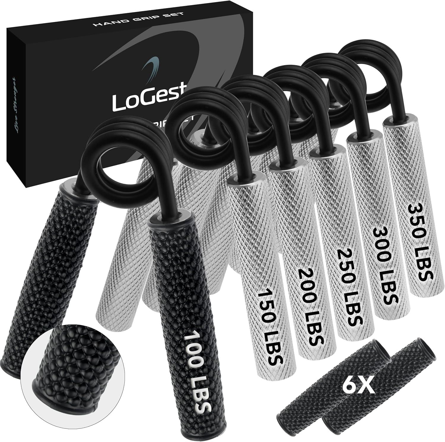 Displays the complete hand grip set with various weight increments (100-350 LBS) to show shoppers the range of resistance levels included in the purchase. Shows the branded retail packaging…