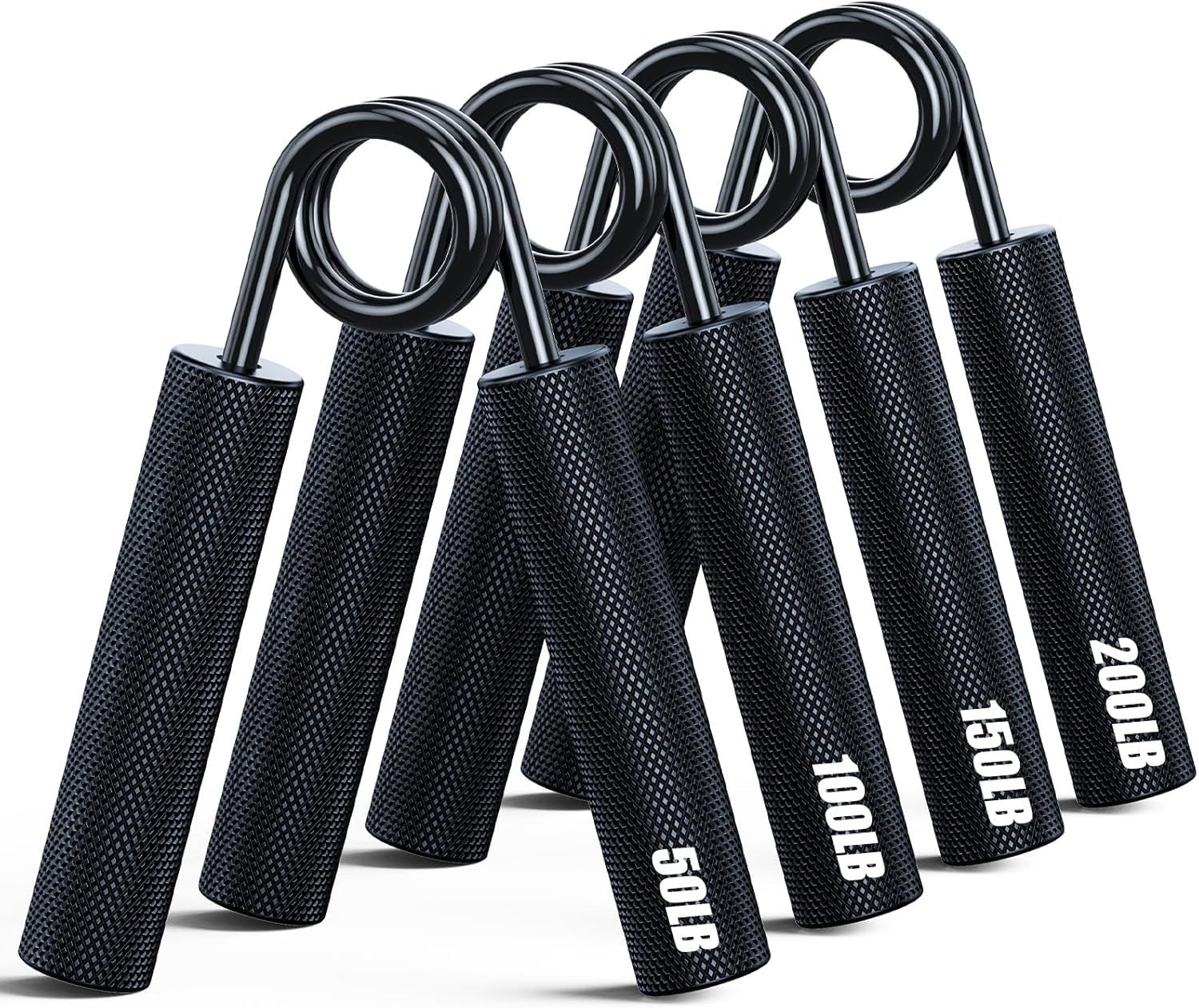 Shows multiple hand grippers with different resistance levels (50LB, 100LB, 150LB, 200LB) to help shoppers select the appropriate strength option for their fitness level. Displays the core product…