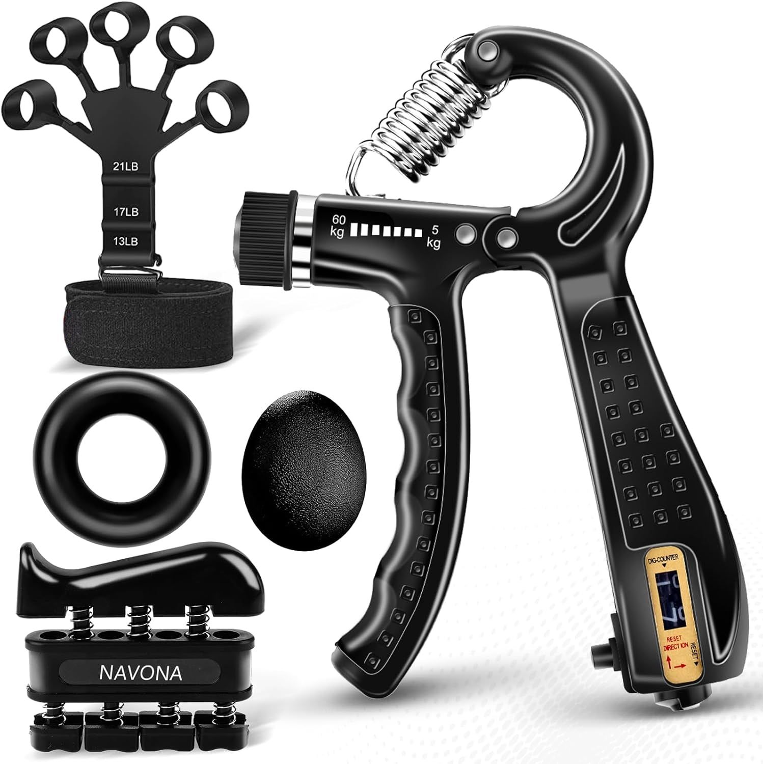 Displays the complete hand grip strengthener kit with all included accessories to show shoppers the full value of the purchase and variety of training options available. Shows all the included…