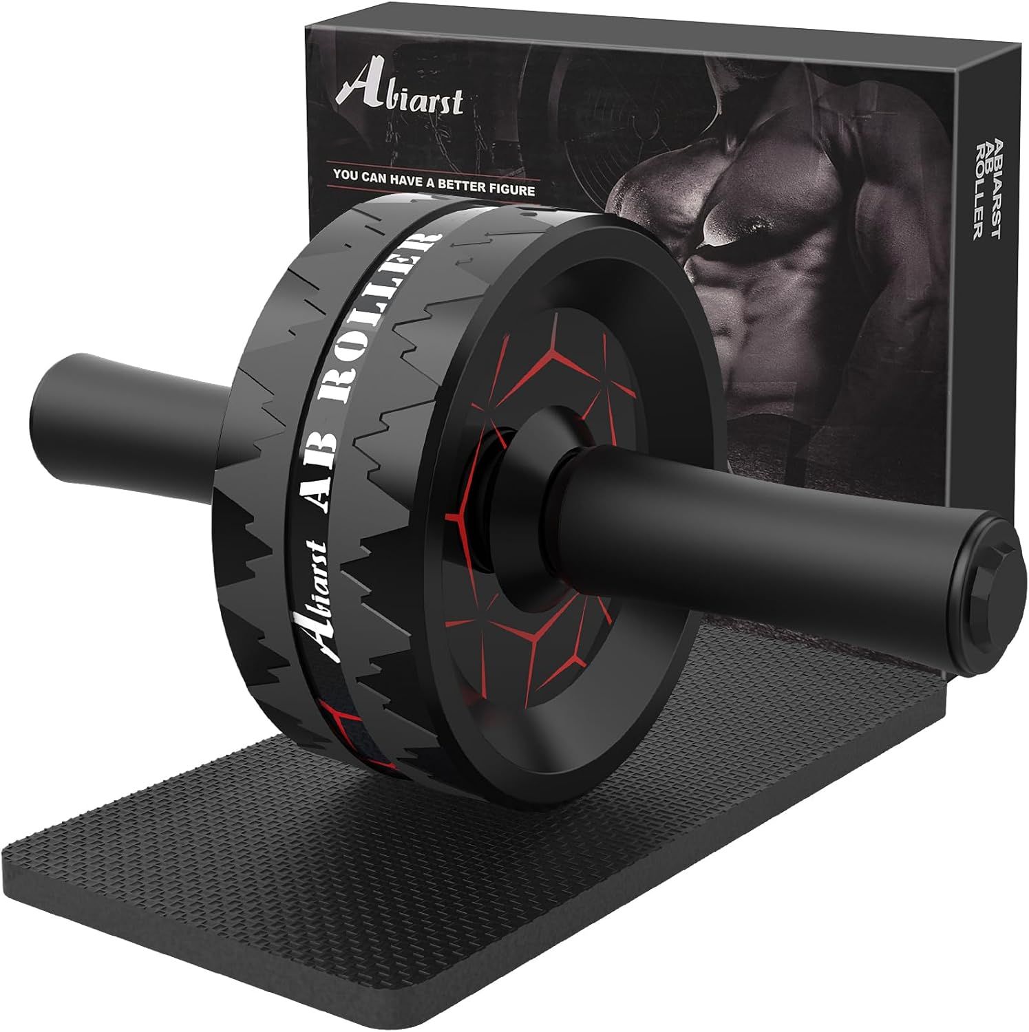 Displays the core ab roller exercise equipment clearly to show shoppers exactly what they will receive, including the wheel design, handles, and included exercise mat. Shows the retail packaging…