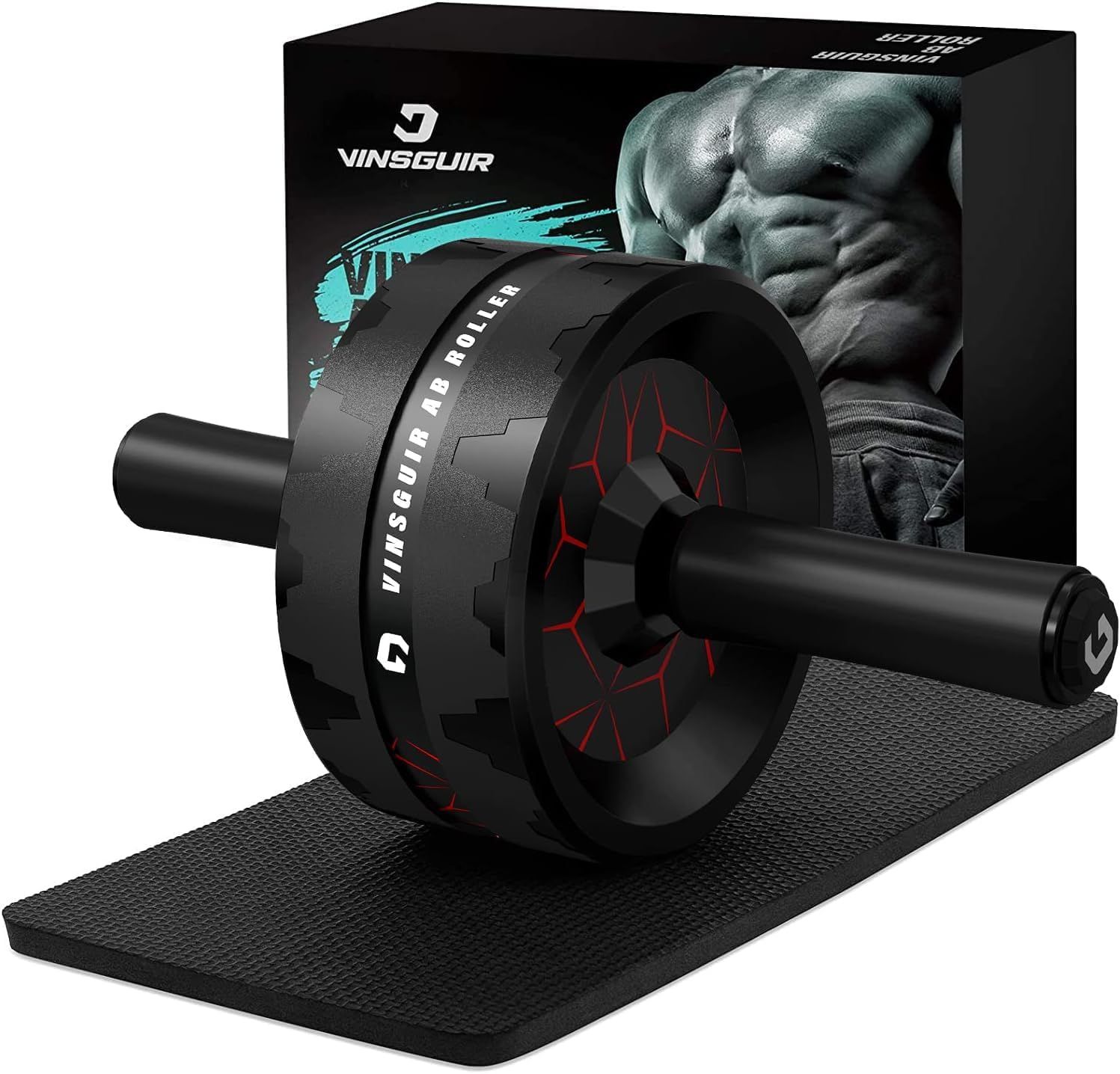 Displays the core ab roller exercise equipment with included knee mat to show shoppers exactly what they will receive and how the product looks. Shows the branded retail packaging with fitness…