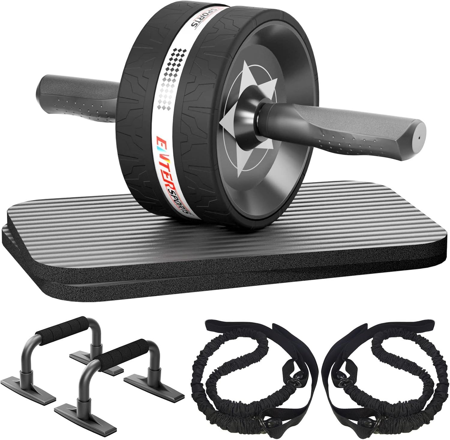 Shows the core ab roller wheel product along with included accessories (knee pad, push-up bars, resistance bands) to communicate the complete workout kit the buyer will receive. Demonstrates that…