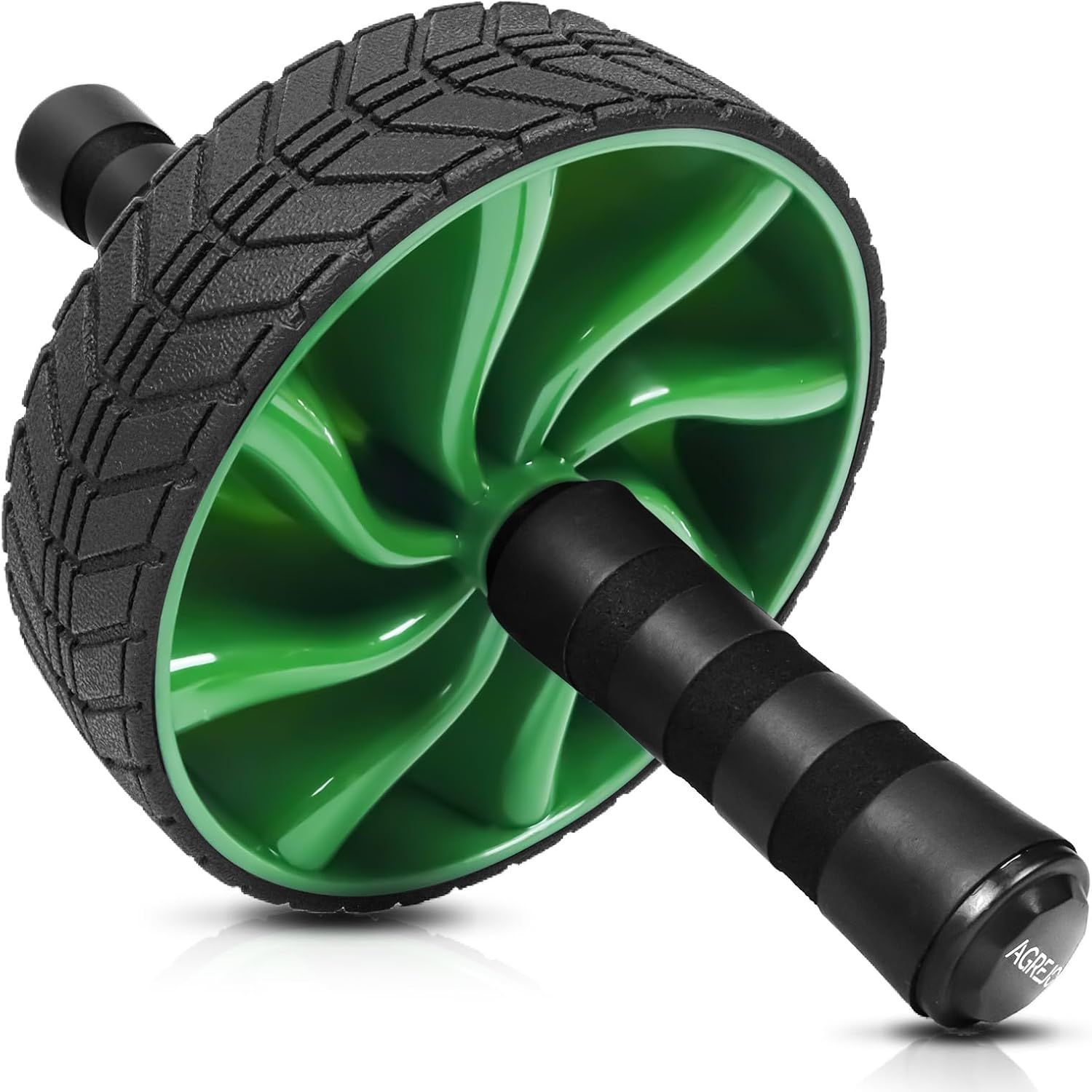 Displays the core ab roller exercise wheel product with clear visibility of its tire-tread design and foam-grip handles to show shoppers exactly what they will receive.