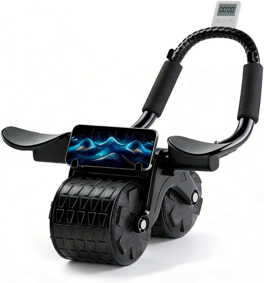 Shows the core ab roller exercise equipment with integrated phone holder and timer to communicate the product's design and built-in features for tracking workouts. Demonstrates how the product…