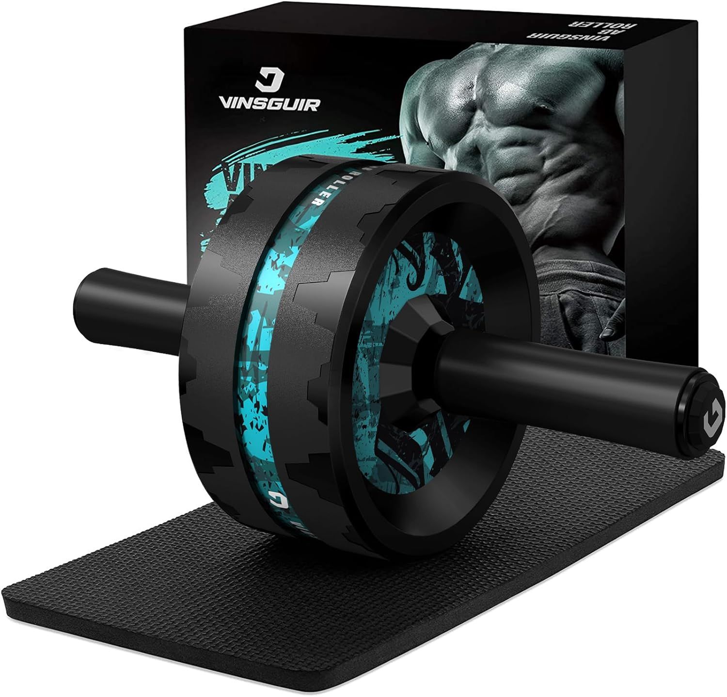 Displays the core fitness product clearly with its included knee pad accessory, showing shoppers exactly what they will receive. Shows the retail packaging with brand imagery and muscular torso…