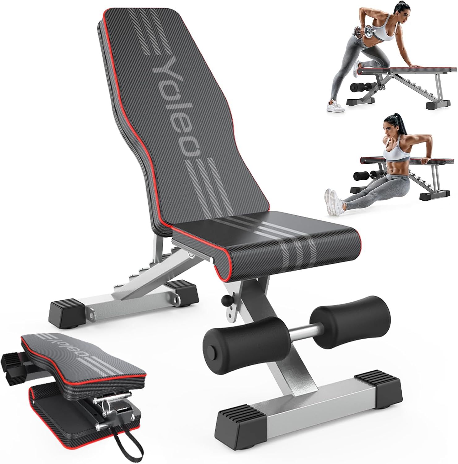Displays the core product—an adjustable workout bench with leg support—to show shoppers what they will receive, including its design, structure, and key features. Shows a model using the bench in…