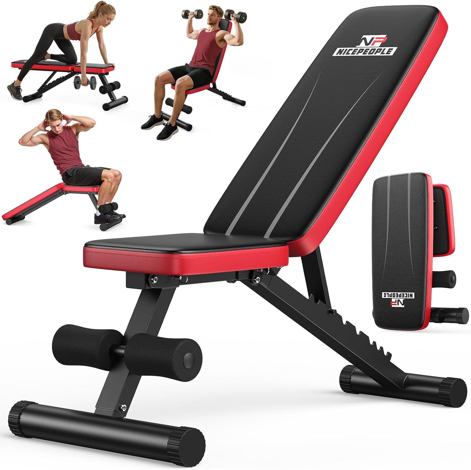 Displays the core product, an adjustable workout bench with black and red design, clearly showing its structure and build quality to help shoppers understand what they are purchasing. Demonstrates…