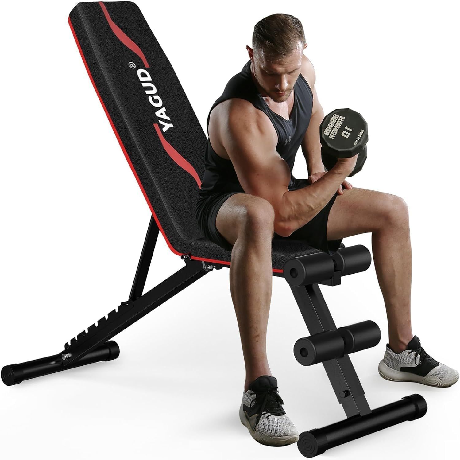 Shows a person actively using the workout bench to demonstrate proper use, scale, and how the product fits into a real workout routine, helping shoppers visualize themselves using it. Demonstrates…