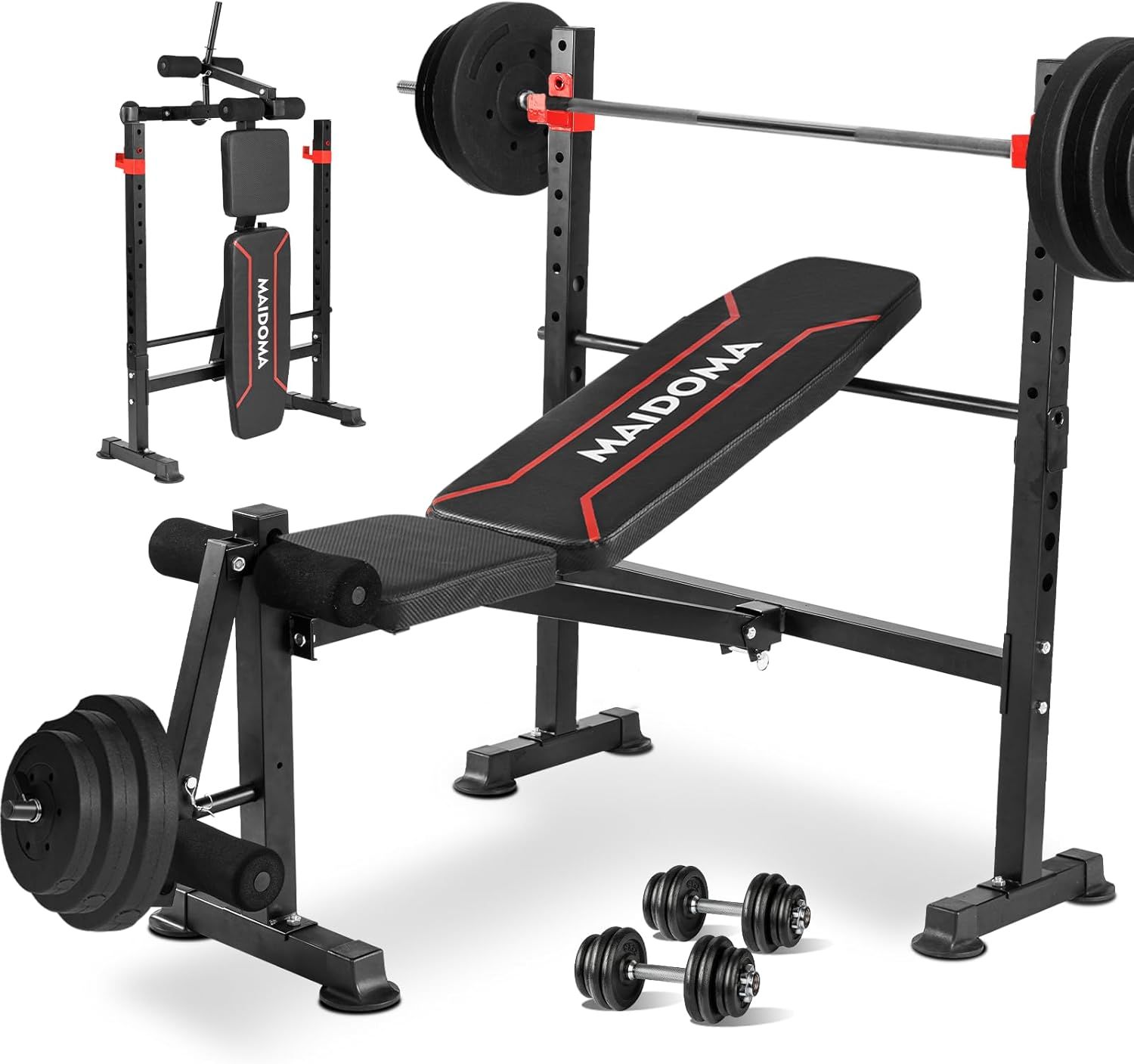 Displays the complete weight bench system with all included components to show shoppers the full product they will receive, including the main bench, barbell with weights, leg extension attachment,…