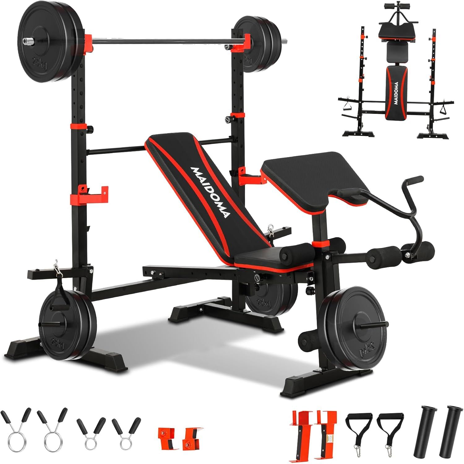 Displays the complete weight bench system with all its components to show shoppers exactly what the core product looks like and its full configuration. Shows all the included accessories and…