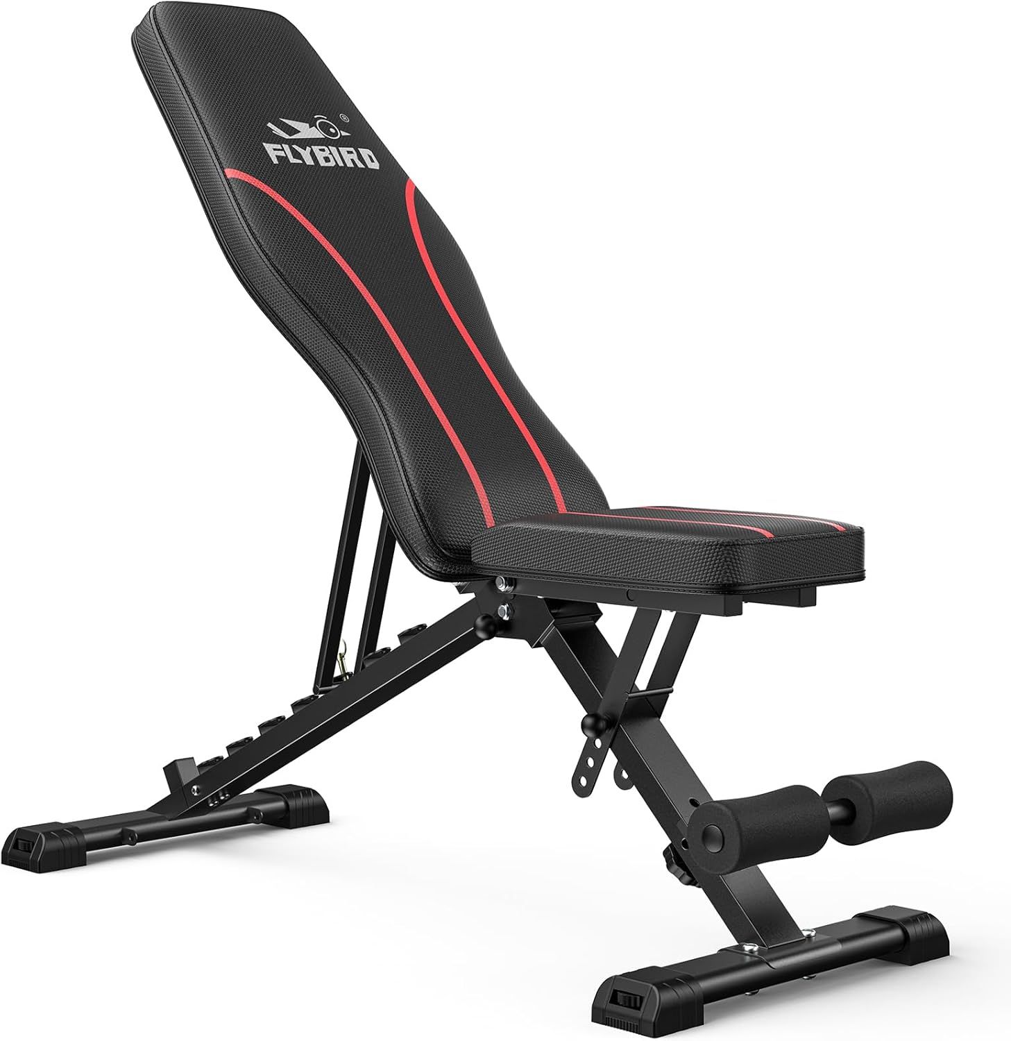 Displays the core product, an adjustable fitness bench with textured padding and red accent stripes, to show shoppers exactly what they will receive. Uses a subtle drop shadow beneath the bench to…