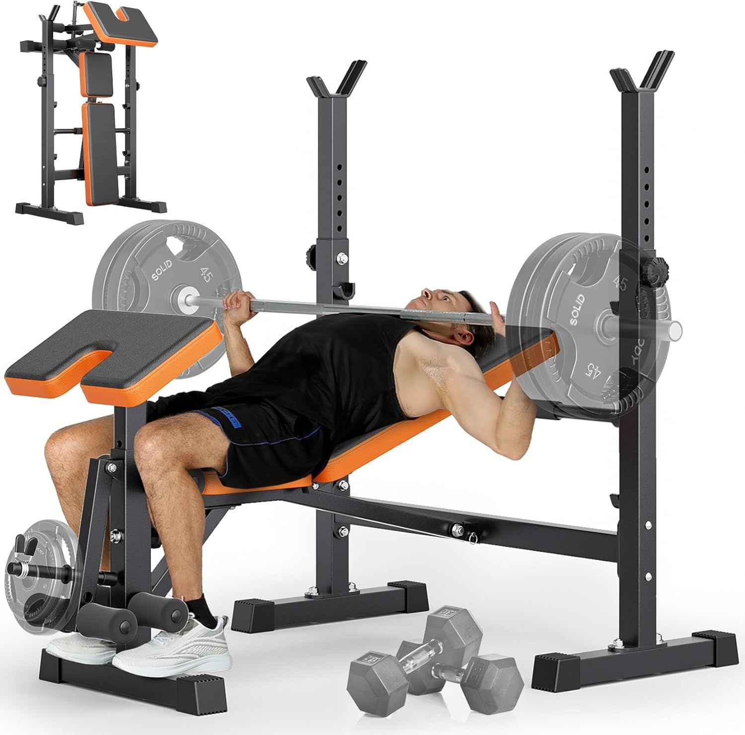 Shows a person actively using the weight bench to demonstrate proper form and help shoppers visualize themselves using the equipment for bench press exercises. Demonstrates the primary function of…