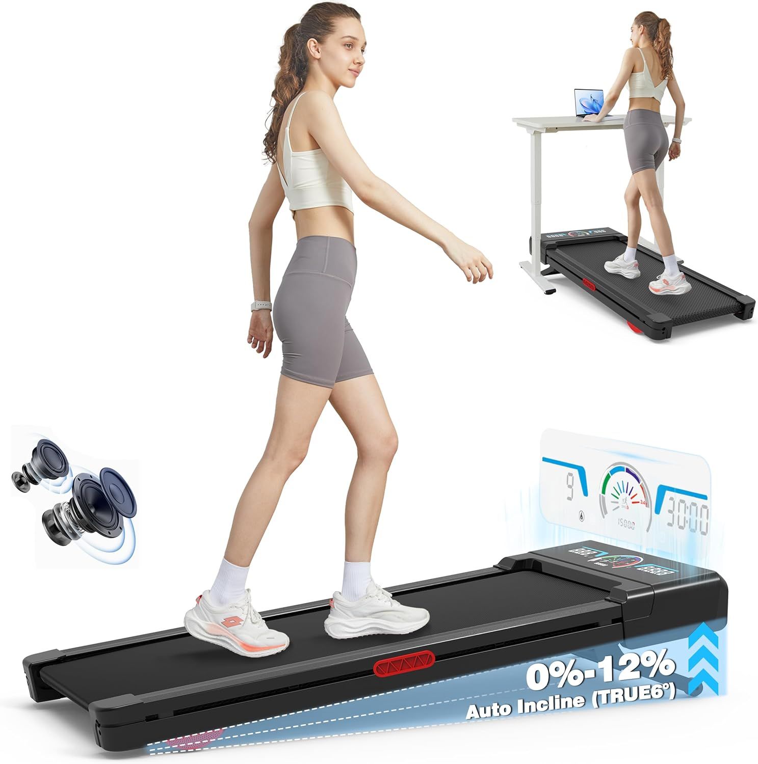 Shows a person actively using the treadmill to demonstrate how the product works in real use and provide scale context for size and fit. Uses graphic overlays including speaker icons, digital…