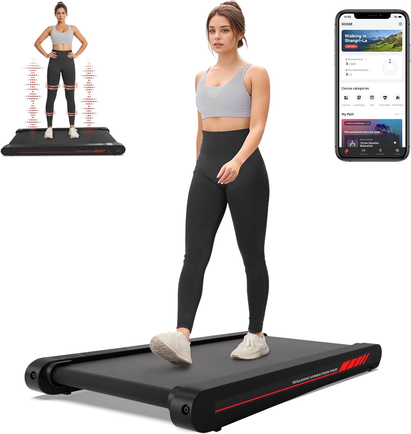 Shows a person using the walking pad to help shoppers visualize the product's size, how it fits in a workout routine, and how it looks during use. Uses motion tracking dot graphics and a smartphone…