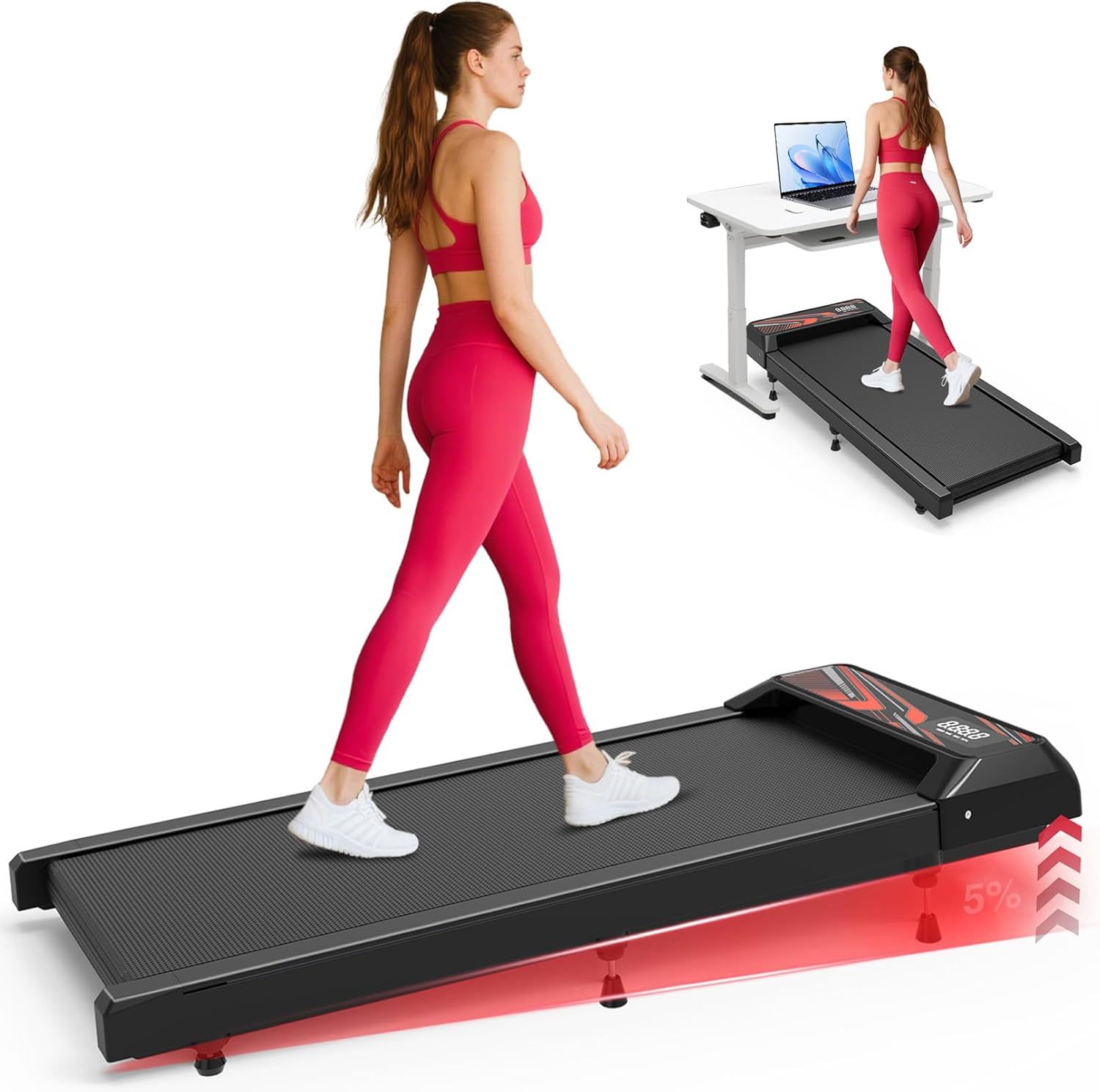 Shows a person actively using the treadmill to demonstrate how the product works in real-world use and provides scale reference for size and fit. Demonstrates the treadmill's key functions including…