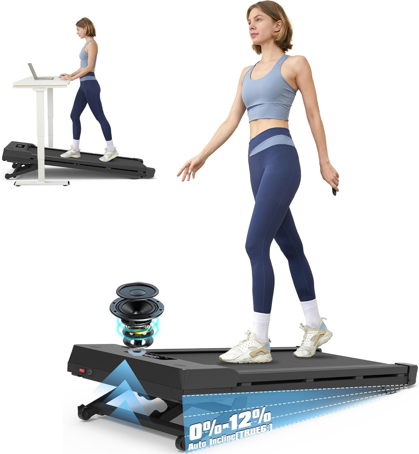 Demonstrates the treadmill's key functionality including its auto-incline capability (0%-12%) and dual-use design that allows users to walk while working at a desk or exercise independently. Shows a…