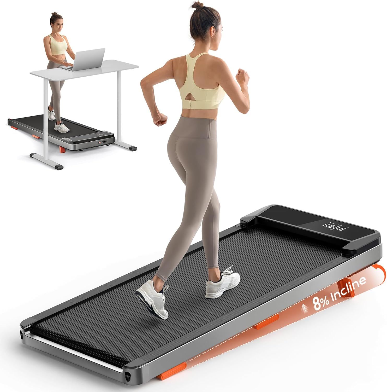 Shows a person actively using the treadmill to demonstrate scale, fit, and real-world use, helping shoppers visualize themselves using the product. Demonstrates the treadmill's key features…