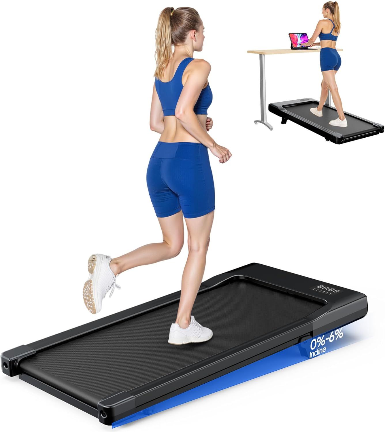 Shows a person actively using the treadmill to demonstrate how the product works in real-world exercise scenarios and provide scale context for size and fit. Demonstrates the treadmill in action…