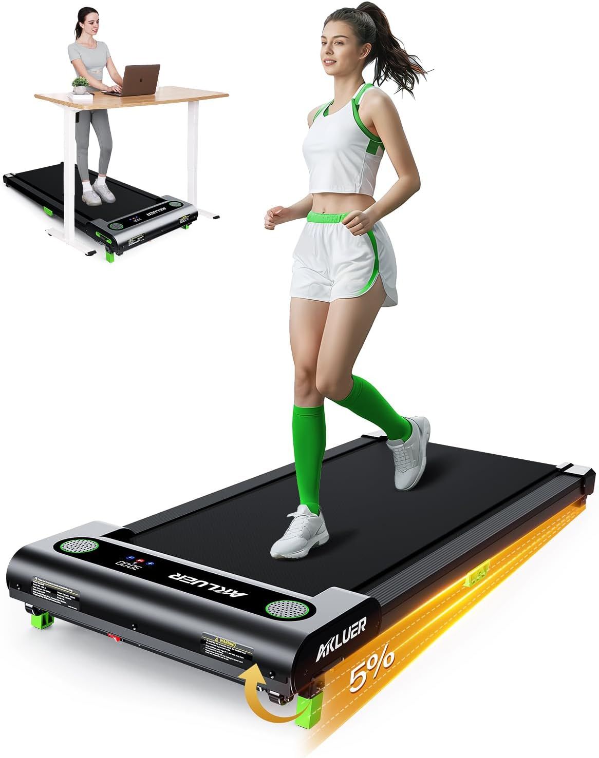 Demonstrates the treadmill's incline capability and versatility as both a walking desk and running machine, showing shoppers how the product adapts to different workout needs. Shows a person…