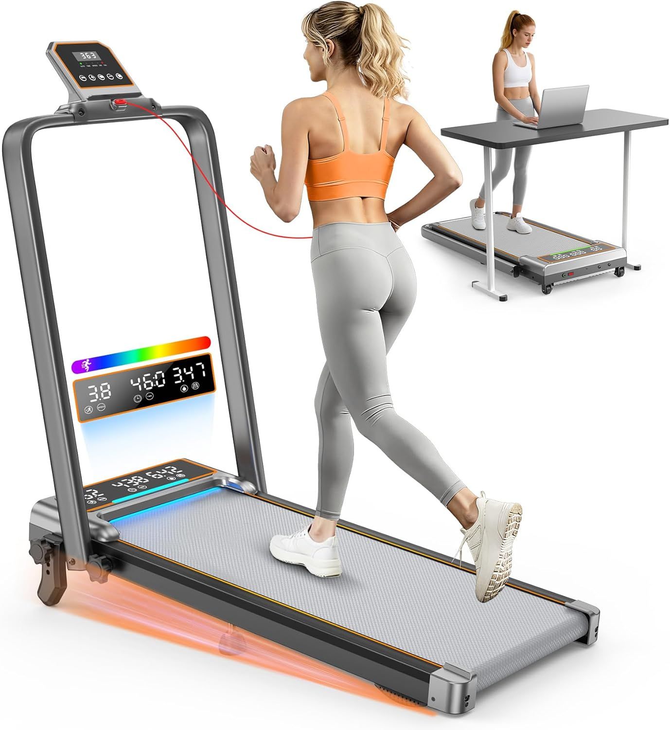 Shows a person actively using the treadmill to demonstrate how the product works in real-world use and provide scale context for shoppers. Demonstrates the treadmill in action with a model running,…