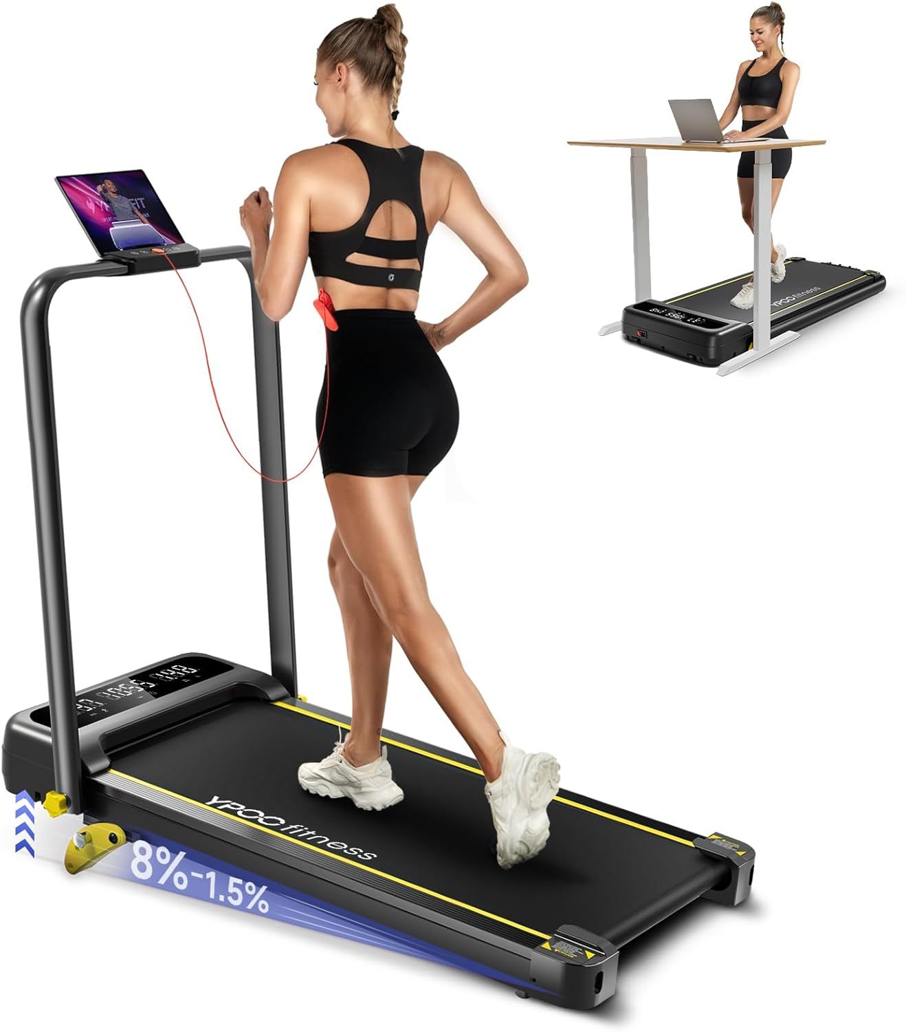 Shows a person actively using the treadmill to demonstrate how the product works in real-world exercise scenarios and provide scale context for size and fit. Demonstrates the treadmill in active use…