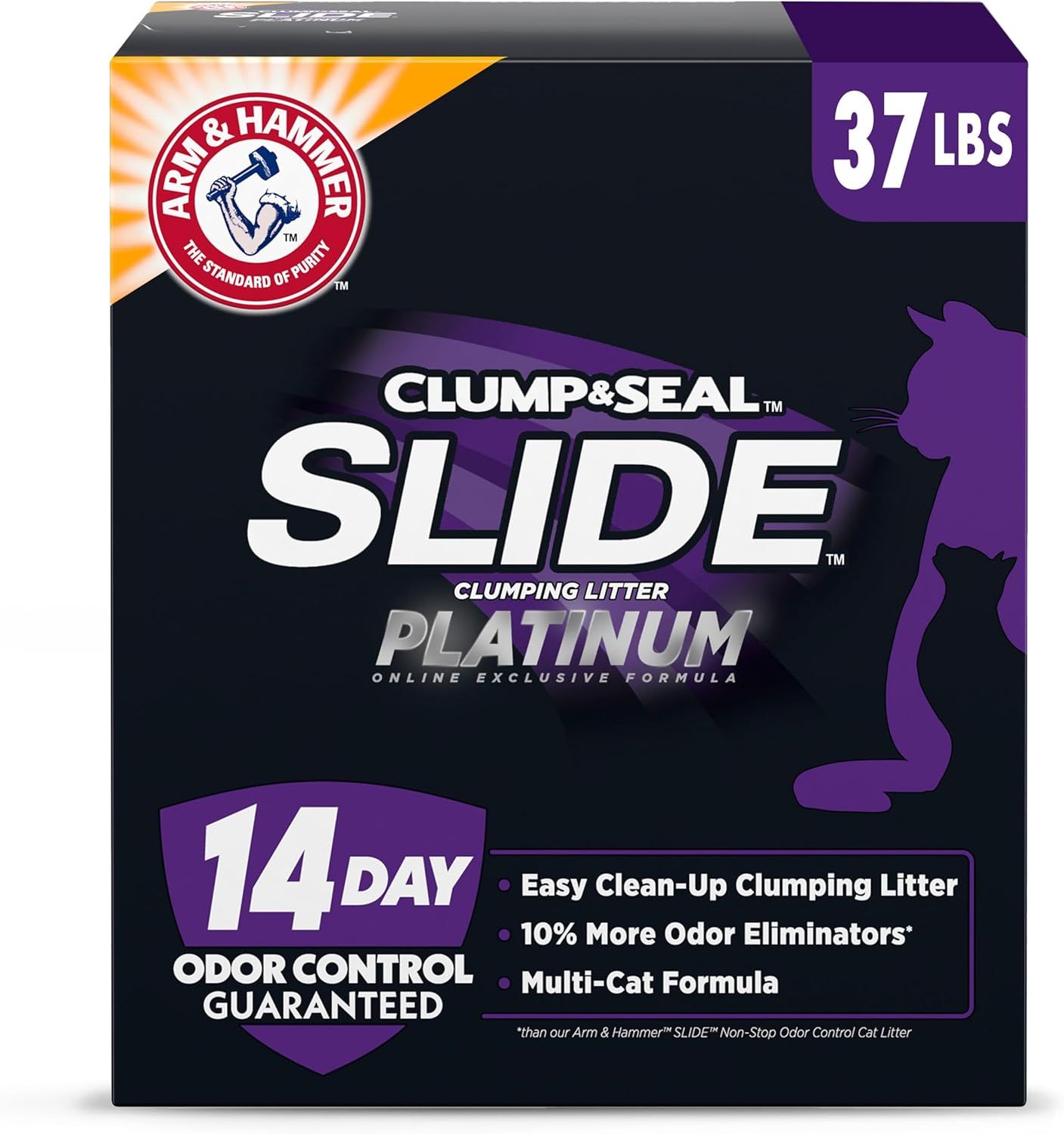 Shows the actual retail packaging the customer will receive, communicating the brand, product name, size, and key features like 14-day odor control and clumping formula.