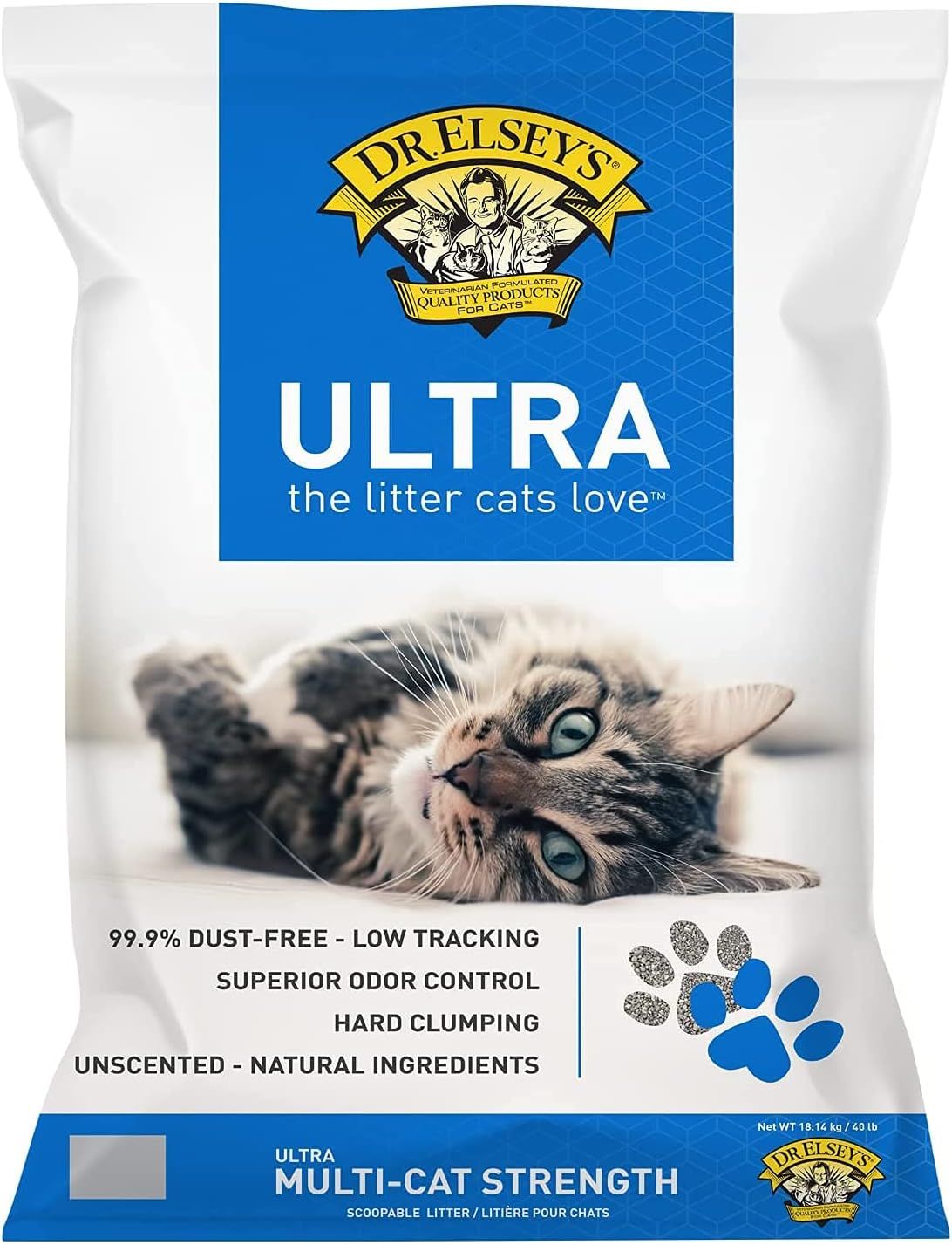 Shows the cat litter product packaging with key features prominently displayed to communicate the product's benefits including dust-free formula, low tracking, superior odor control, hard clumping,…