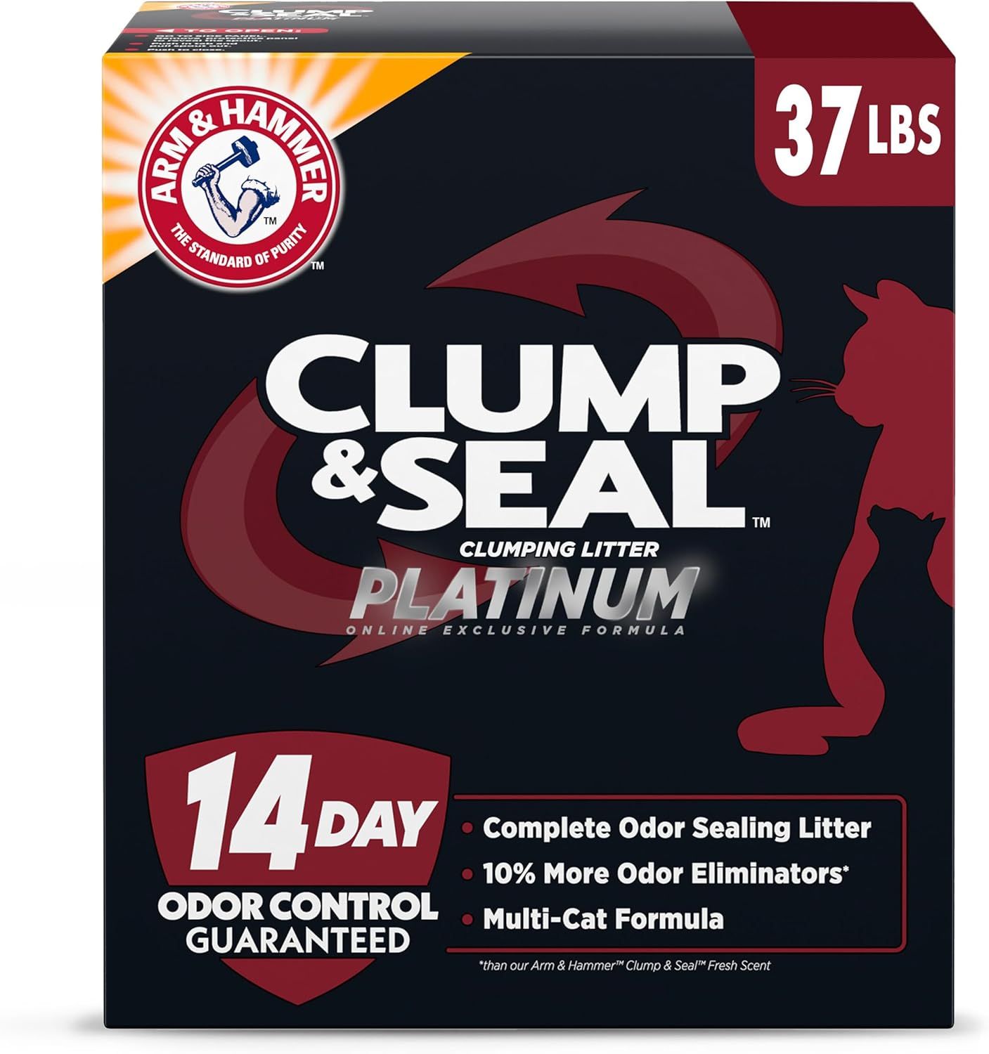 Shows the retail packaging to help shoppers identify the product on shelf or upon delivery, and communicates key product features like 14-day odor control, weight, and formula type. Uses a dark…