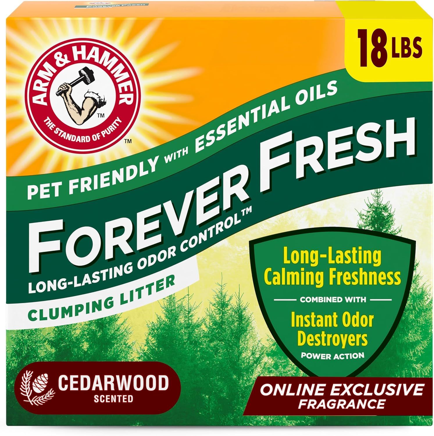 Shows the retail packaging to communicate the product size (18 lbs), scent (Cedarwood), and key features (pet-friendly, essential oils, long-lasting odor control) to help shoppers understand what…