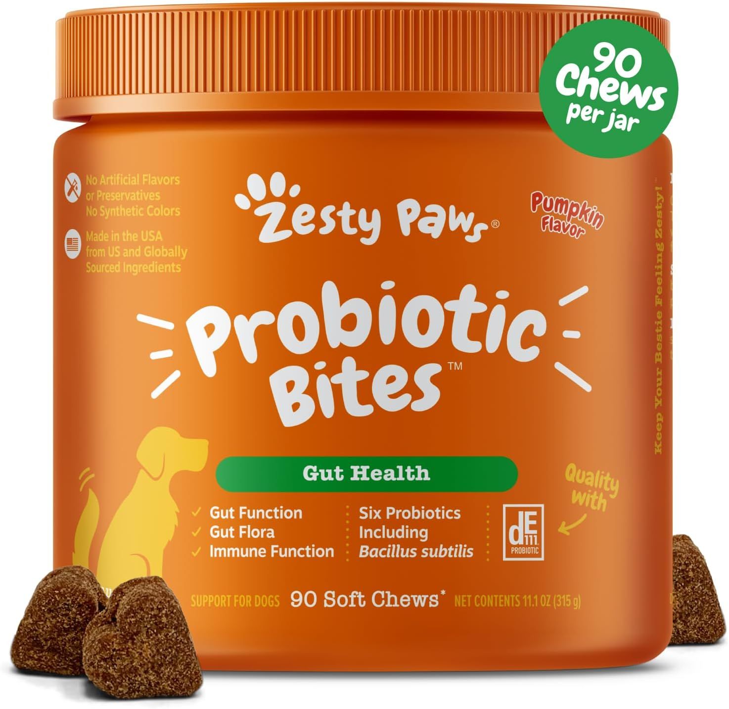 Shows the core product—a jar of probiotic soft chews for dogs—clearly displaying the brand, flavor, quantity, and key health benefits to help shoppers quickly identify what they are purchasing.…
