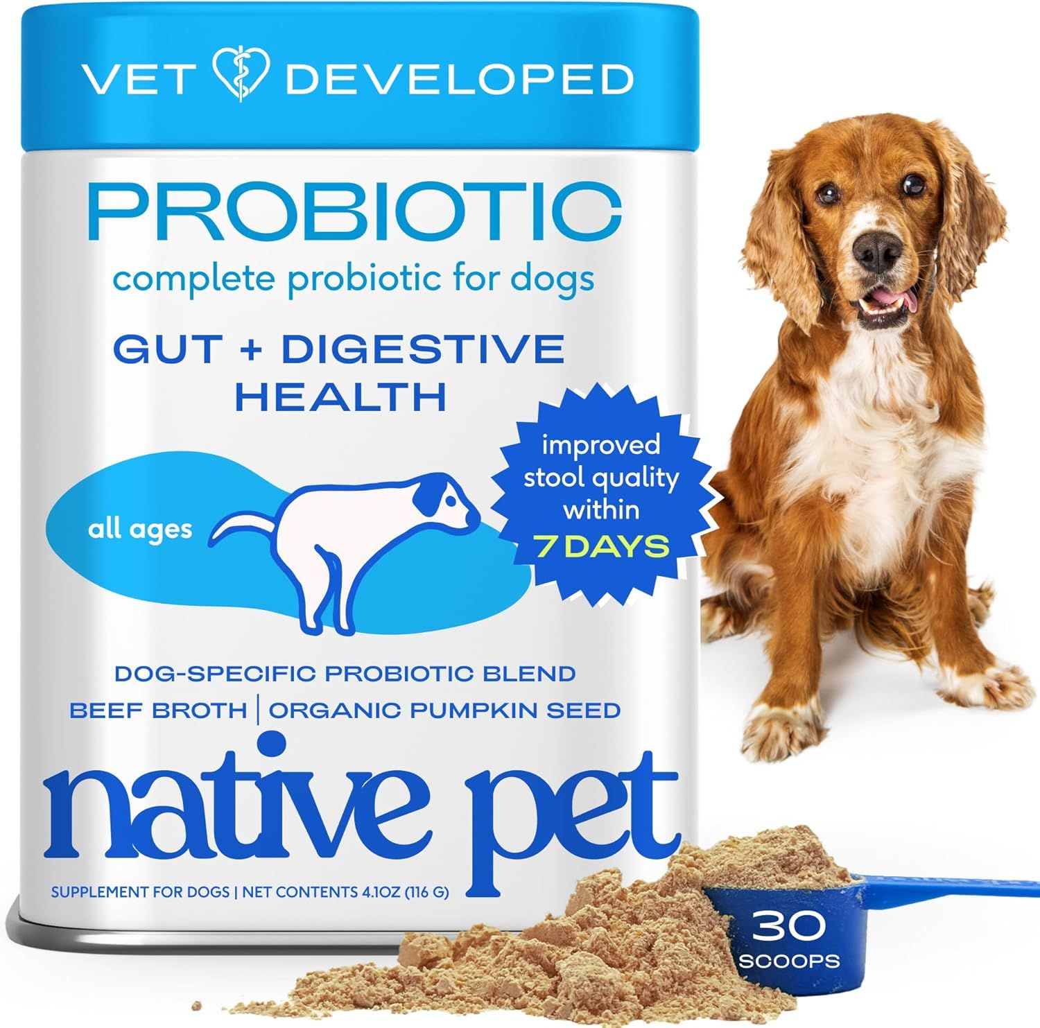 Shows the core product (probiotic supplement canister) with its scoop and powder to communicate what the shopper is purchasing and its primary benefit for dog digestive health. Uses added visual…