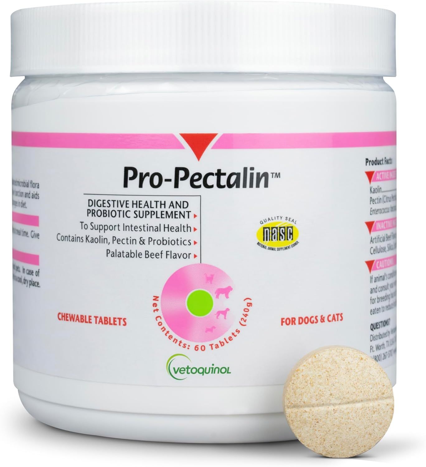 Shows the core product, a probiotic supplement for pets, with clear packaging and one tablet displayed to communicate what the buyer will receive. Displays the physical retail packaging with brand…