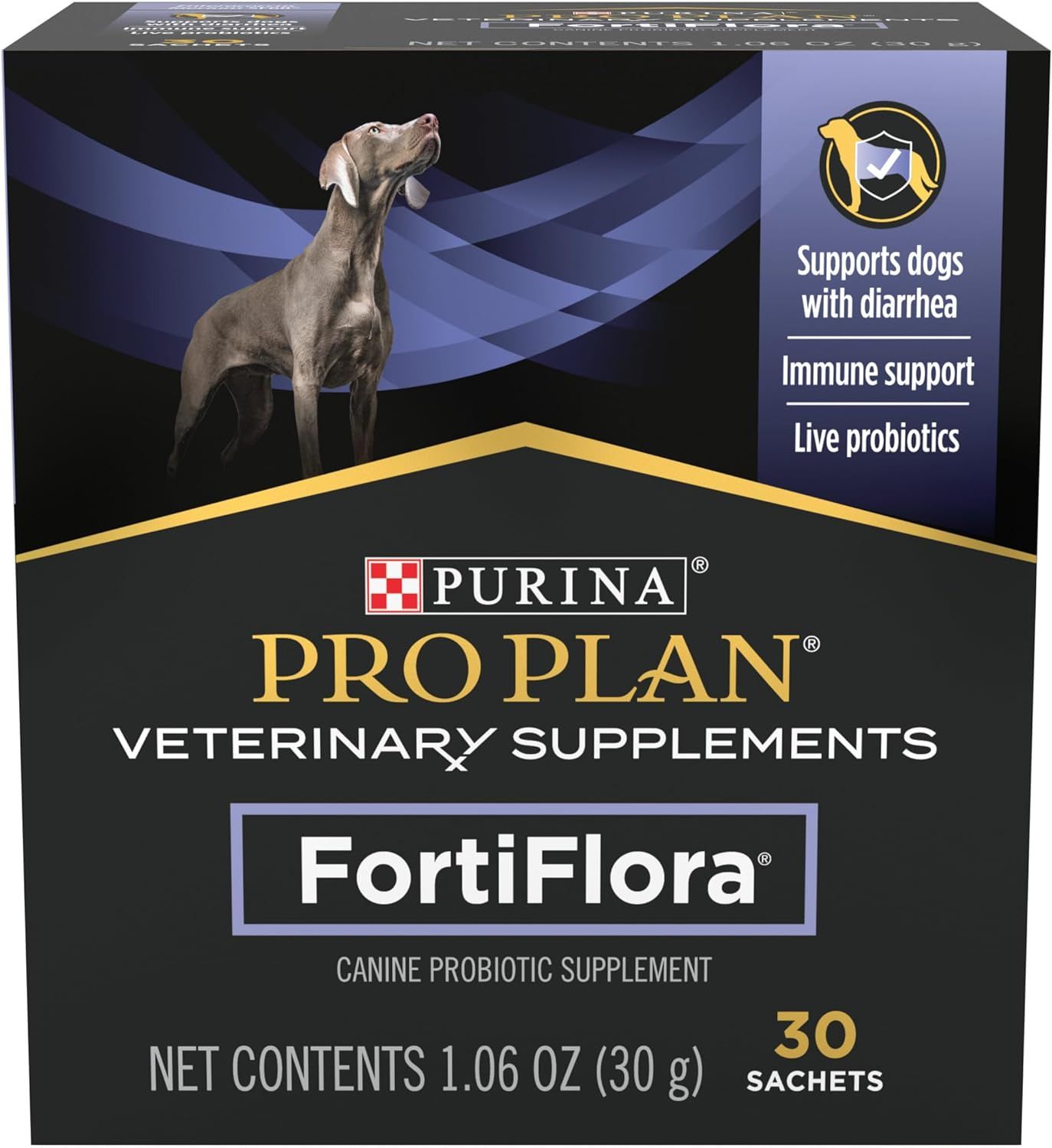 Shows the retail packaging to help shoppers identify the product on shelf or upon delivery, and communicates key benefits like diarrhea support, immune support, and live probiotics.
