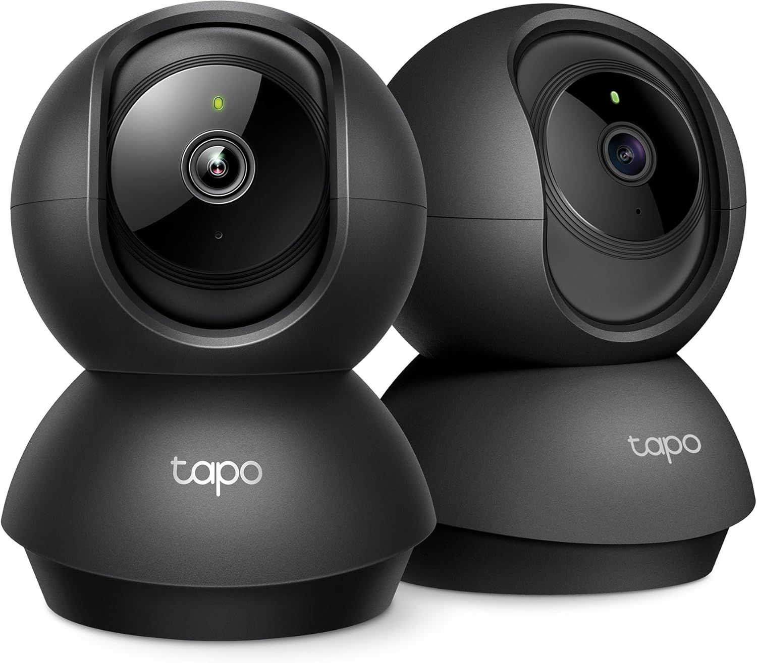 Shows two identical security cameras to communicate that this is a multi-pack purchase, allowing shoppers to see the product design and understand they are buying multiple units. Uses a reflective…