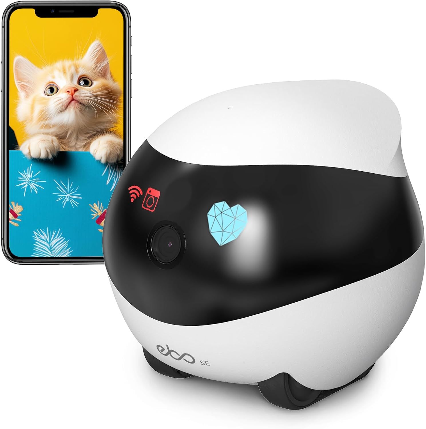 Shows the core product, a smart pet camera device with WiFi capability and LED indicators, alongside a smartphone displaying the companion app with a live pet video feed to demonstrate the…
