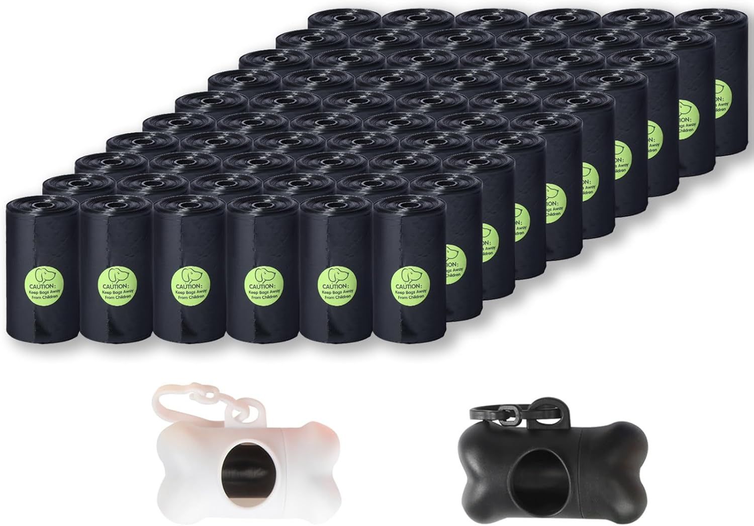 Shows the complete product offering including a large quantity of black waste bag rolls with green caution labels and two bone-shaped dispensers in different colors, communicating value and…