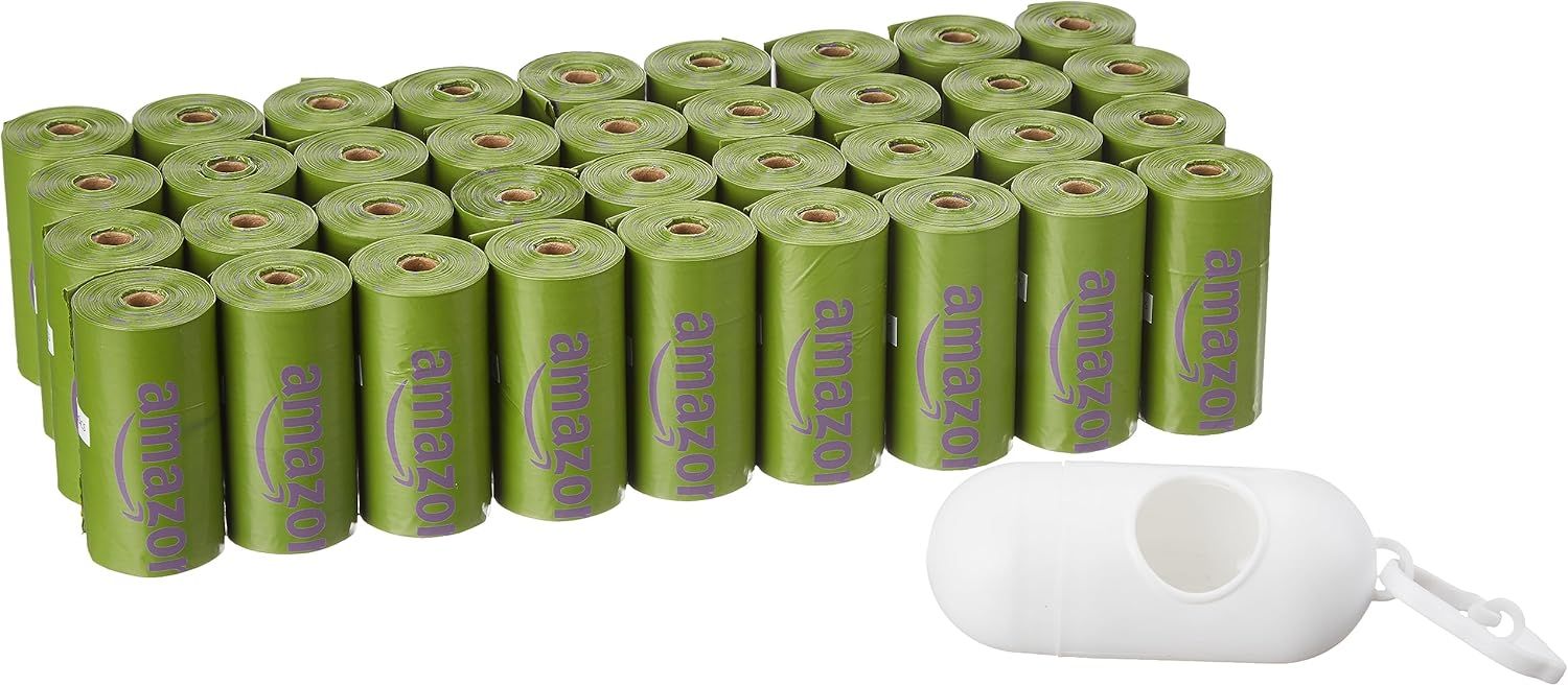 Shows the core product—a large quantity of branded green dog waste bag rolls with an included white dispenser—to communicate value and convenience for pet owners. Highlights that a white bone-shaped…