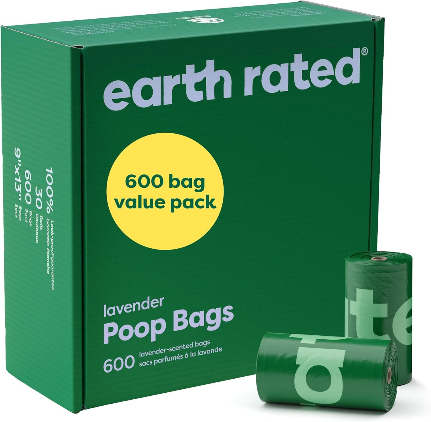 Shows the core product packaging and rolls of poop bags to communicate the quantity, scent, and eco-friendly branding to reassure pet owners they are getting a large value pack of environmentally…
