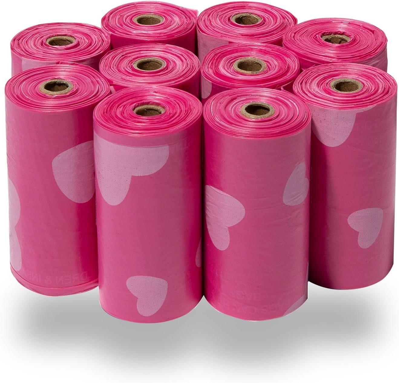 Shows the core product clearly—multiple rolls of pink dog waste bags with decorative hearts—so shoppers can see exactly what they are purchasing and the quantity included.