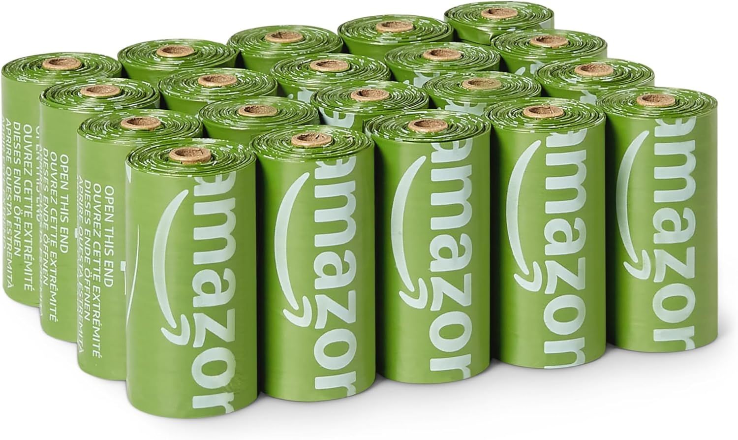 Shows the core sellable product - multiple rolls of green biodegradable dog waste bags with clear branding, demonstrating the quantity and eco-friendly nature of the purchase.